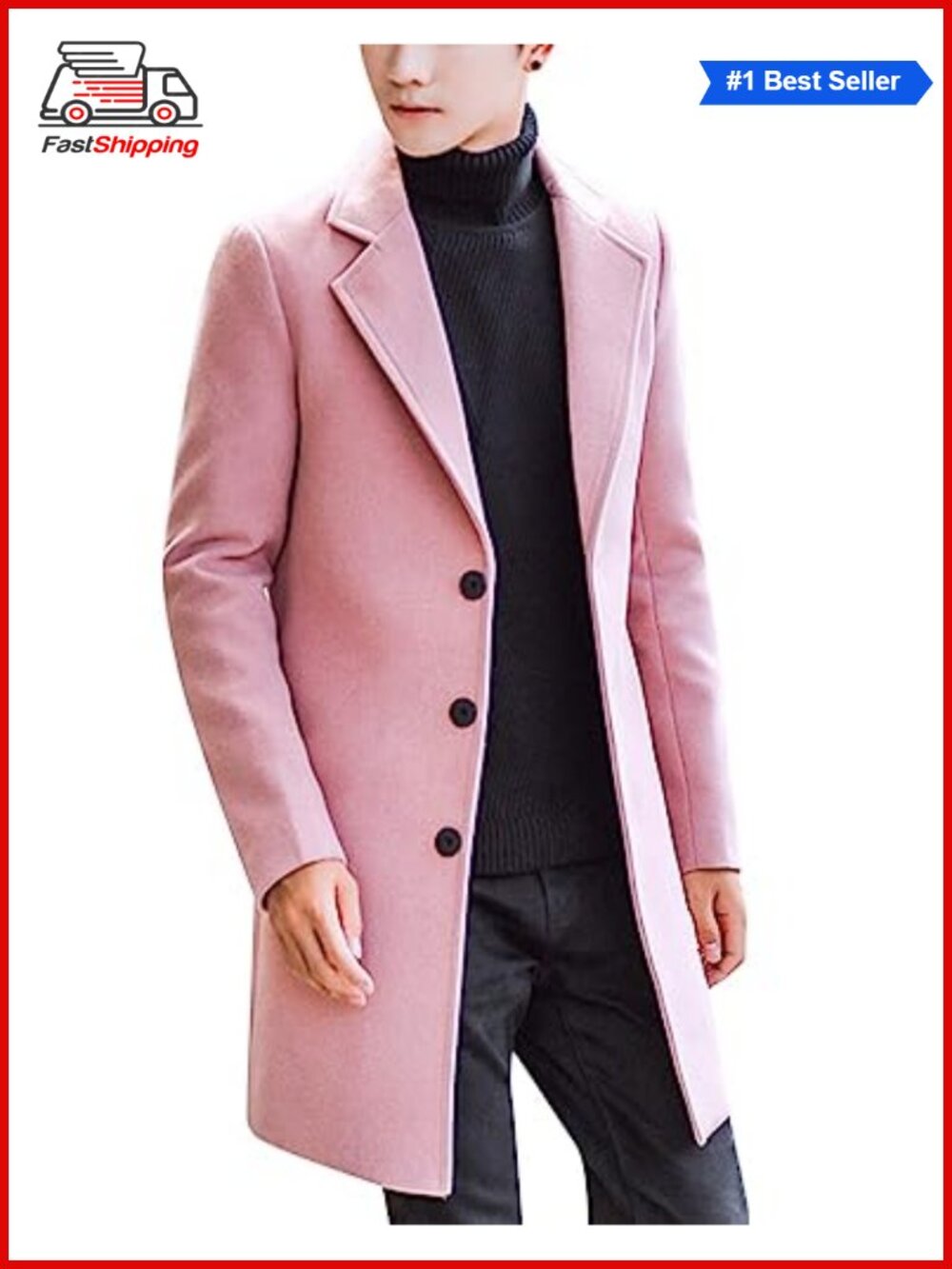 ✨Springrain Men's Wool Blend Pea Coat Single Breasted Overcoat Slim Fit Notch